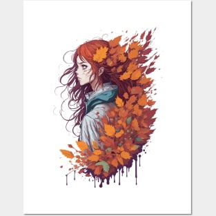 Autumn girl with leaves in her hair Posters and Art